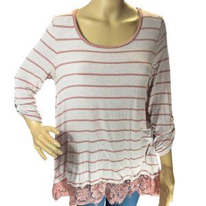 (6 for $25) Hippie Rose Long Sleeve Lace‎ Trim Striped Top Size M